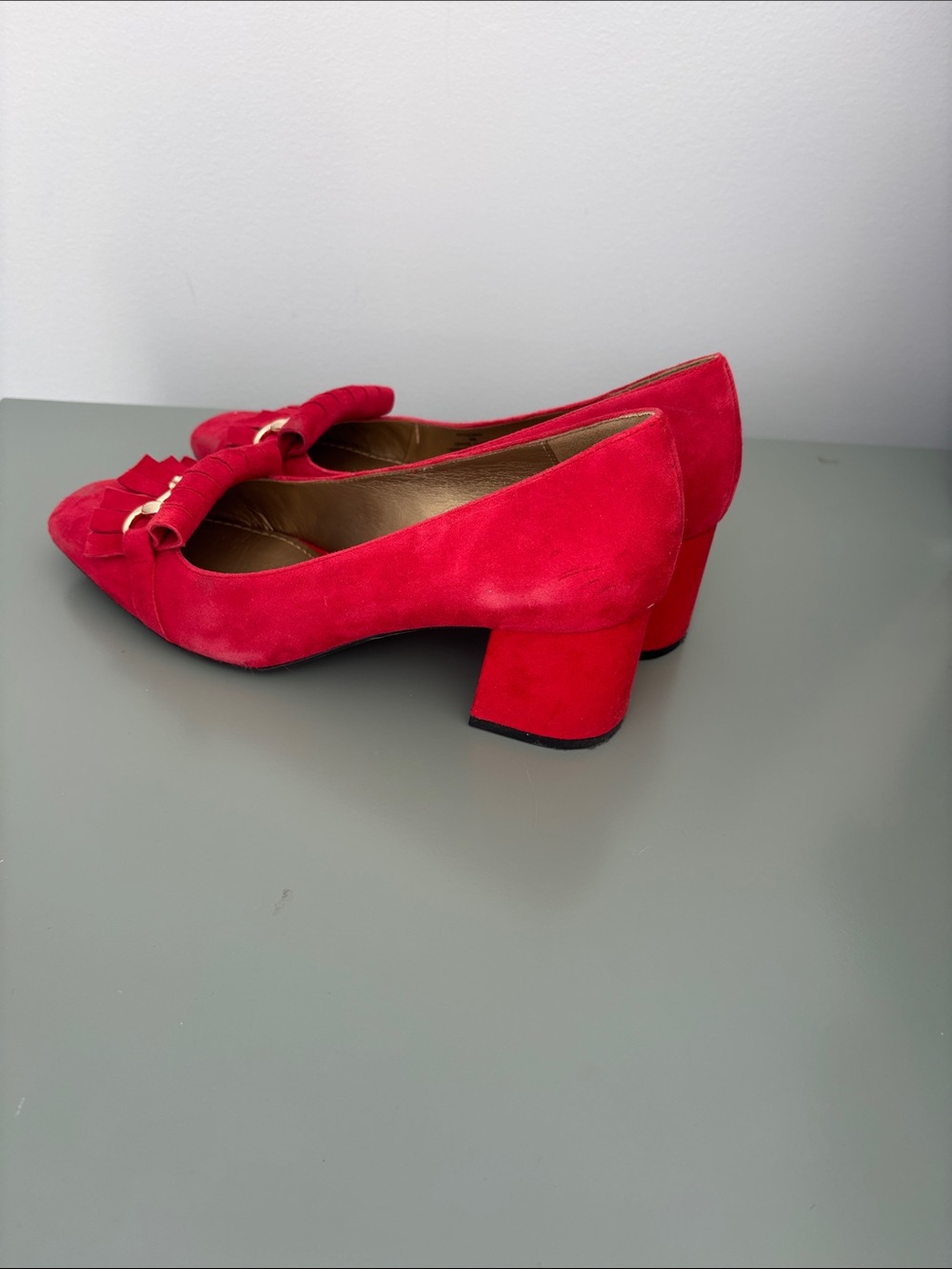 Anne Klein Red Suede Kiltie Loafers with Gold Accent - Picture 3 of 7